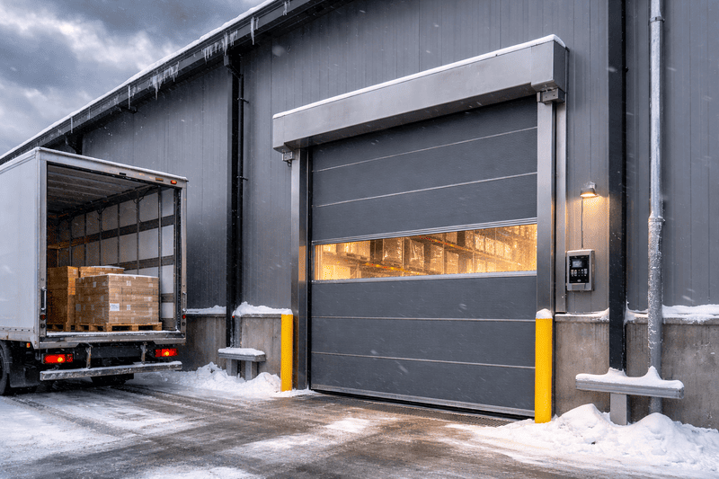 Industriële snelroldeur bij laadkade van magazijn tijdens winter om warmteverlies en energiekosten te beperken