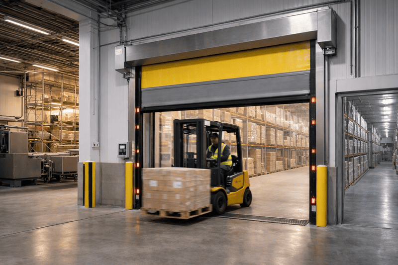 Heftruck rijdt door industriële snelroldeur tussen productiehal en magazijn voor efficiënte klimaatscheiding